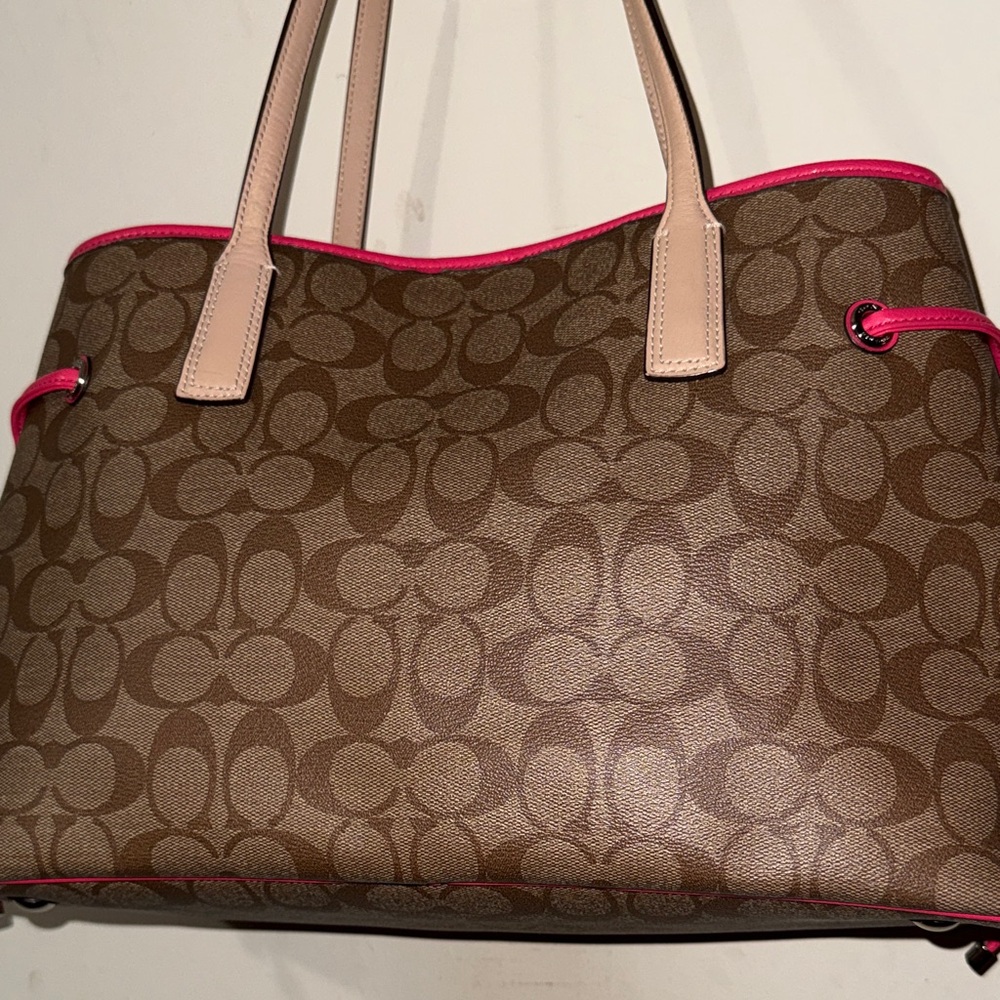 Coach Brown Signature Tote with Pink and White Stripe - Picture 6 of 14